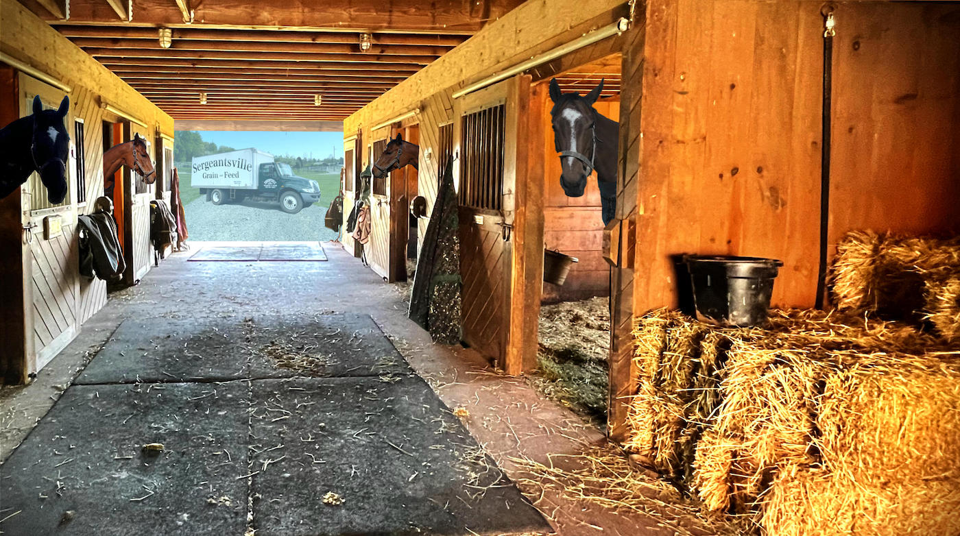 Horses in a stable with our animal feed delivery truck behind the barn door